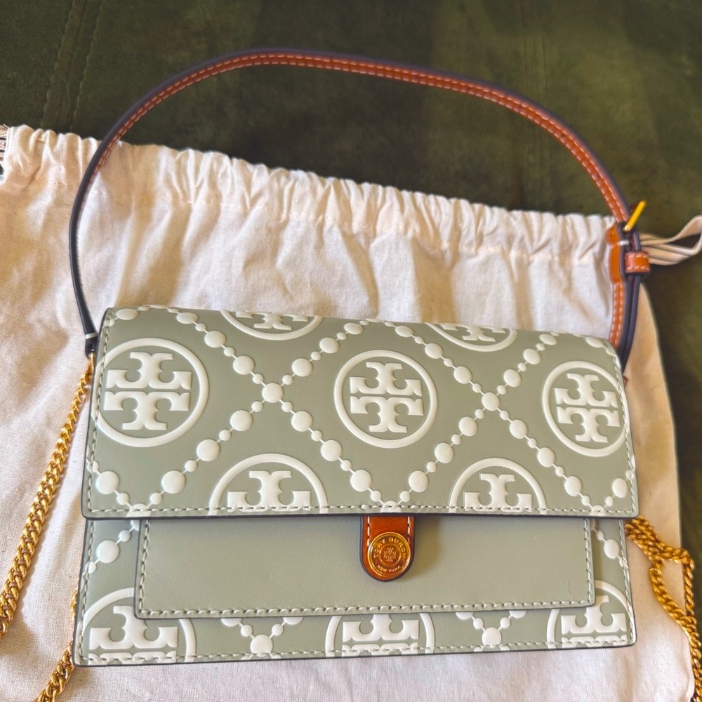 Tory Burch Mint Green and White Monogram Embossed Crossbody Bag